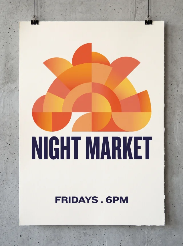 Minimalist gig poster with a bold geometric sunrise in warm gradients and the legible headline NIGHT MARKET, FRIDAYS 6PM, on an off-white background