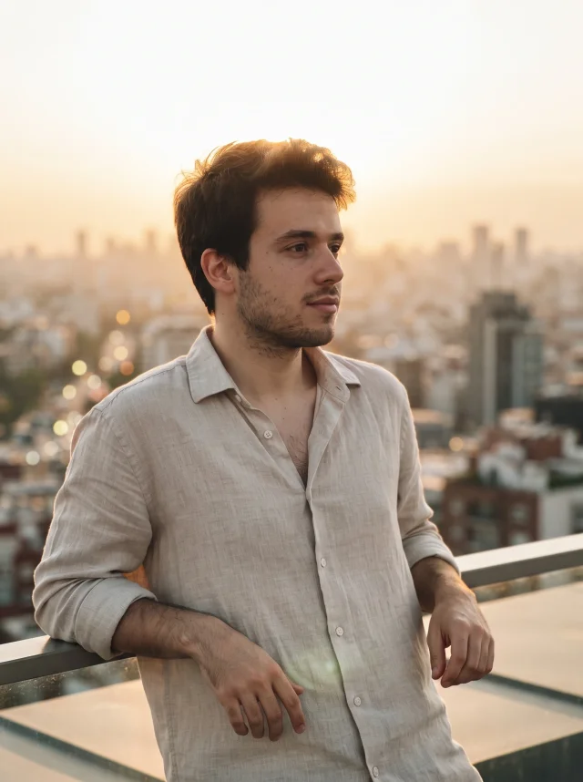 Man placed on a rooftop terrace at golden hour overlooking a hazy city skyline, leaning on the railing in a relaxed linen shirt with warm rim light, face kept unchanged