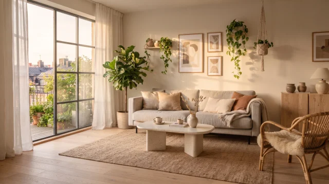Sunlit Scandinavian living room with pale oak floor, a linen sofa, sheer curtains, trailing plants and a low ceramic coffee table in late afternoon light