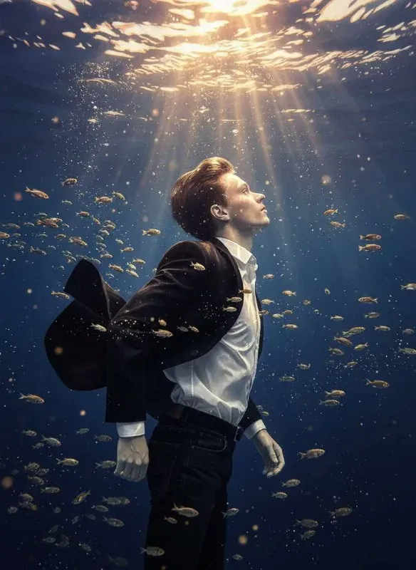 Image artistique de Seedream d'un homme en costume noir et chemise blanche flottant sous l'eau de profil, des rayons de soleil traversant la surface au-dessus de lui et de petits poissons dispersés dans l'eau bleu profond