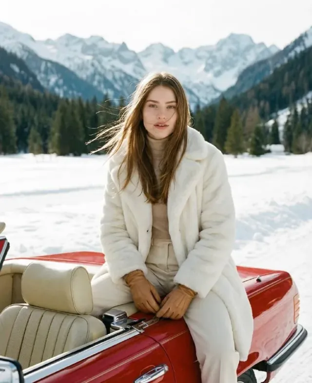 Photo éditoriale de Seedream d'une femme en manteau de fourrure crème assise sur l'arrière d'un cabriolet rouge classique dans une plaine alpine enneigée, avec une forêt de pins et des sommets enneigés derrière elle