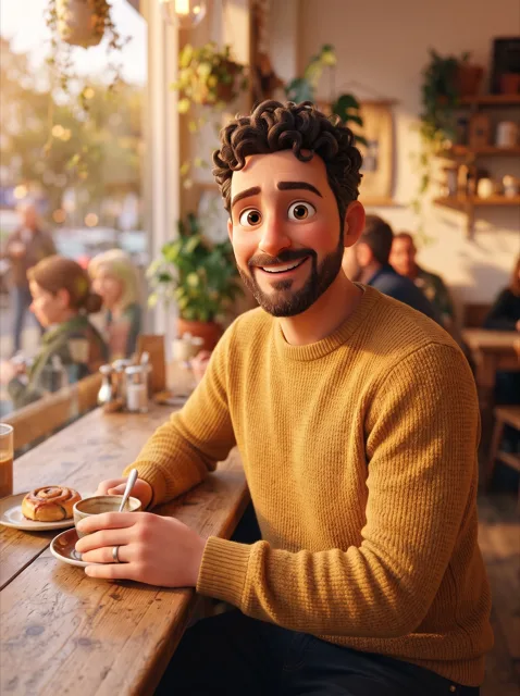 The same man as a Pixar style 3D animated character: big brown eyes, soft rounded skin, the same curly hair, beard, smile and mustard sweater, in the same cafe lit by warm golden light.
