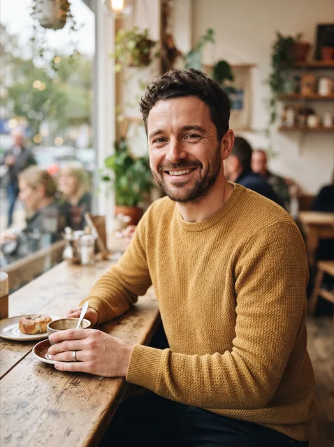 A realistic photo of a smiling man in his thirties with short curly dark hair and a trimmed beard, wearing a mustard yellow knit sweater, sitting at a wooden cafe table by the window with a coffee and a pastry.
