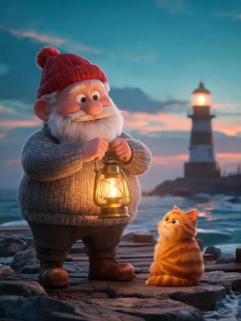 Original 3D cartoon character from a text prompt: a round elderly lighthouse keeper with a white beard, a red knitted hat and a grey sweater holding a glowing brass lantern on a rocky pier at dusk, an orange tabby cat looking up at him, a striped lighthouse behind.