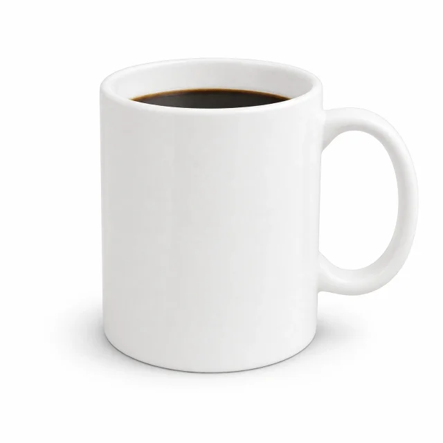 White ceramic mug turned from a cluttered phone photo into a clean e-commerce packshot, isolated on a pure white background with a soft drop shadow