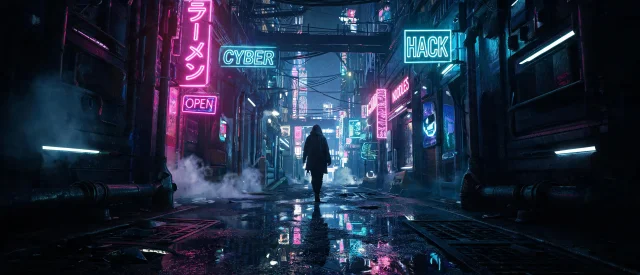 Ultrawide night shot of a rain-slicked cyberpunk alley with dense pink and cyan neon signage reflecting in puddles and a hooded figure walking into the glow