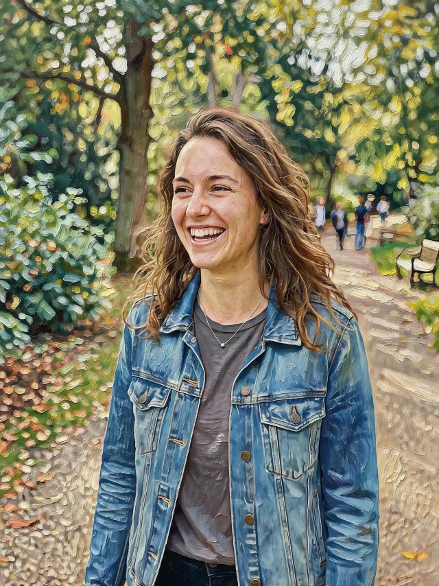 Candid outdoor photo of a woman repainted as a fine-art oil painting with visible brushwork and rich impasto texture, her likeness kept recognisable