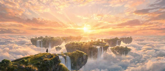Ultrawide cinematic landscape of a floating archipelago at golden hour, islands drifting above a sea of clouds with waterfalls spilling into the mist