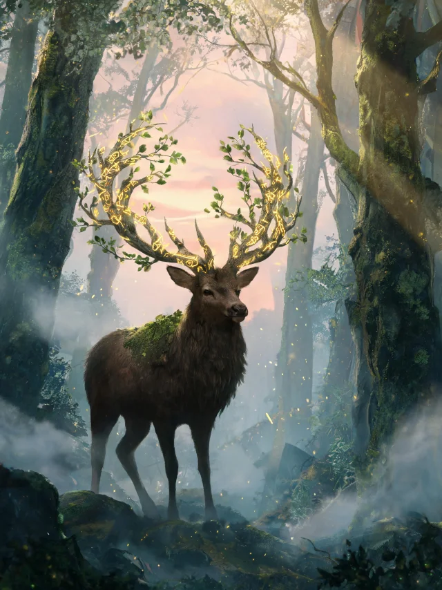 Concept-art illustration of a mythic stag with antlers made of living branches and glowing runes standing in a misty ancient forest at dawn