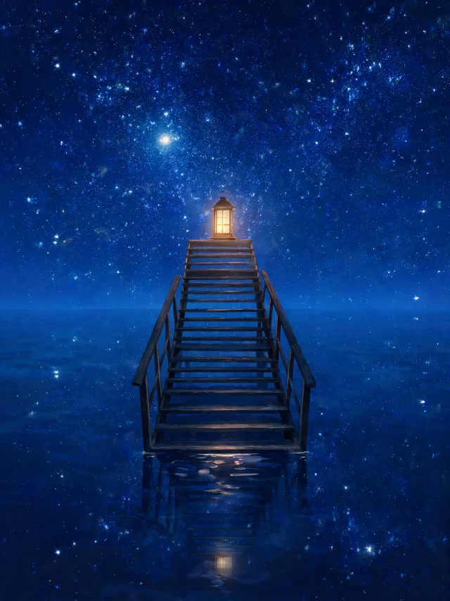 Surreal dreamscape of a calm ocean merging into a starry night sky, a wooden staircase rising out of the water into the stars with a glowing lantern on top