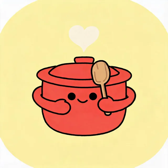 Telegram channel avatar for a recipes channel: a smiling red cooking pot mascot holding a wooden spoon, a small cream heart of steam above the lid, on a soft butter yellow background.
