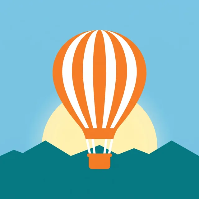 Telegram channel avatar for a travel channel: a large orange and white striped hot air balloon over teal mountains, a pale yellow sun behind it, on a sky blue background.