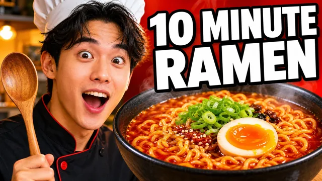 AI-generated YouTube thumbnail for a cooking video: a surprised young chef in a white hat and black jacket holding a wooden spoon next to a bowl of red ramen with a soft-boiled egg, with bold white title text reading 10 MINUTE RAMEN on a red background.