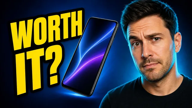 AI-generated YouTube thumbnail for a tech review: a skeptical man with a raised eyebrow on the right, a glowing black smartphone in the middle, and huge yellow title text reading WORTH IT? on a dark blue background.