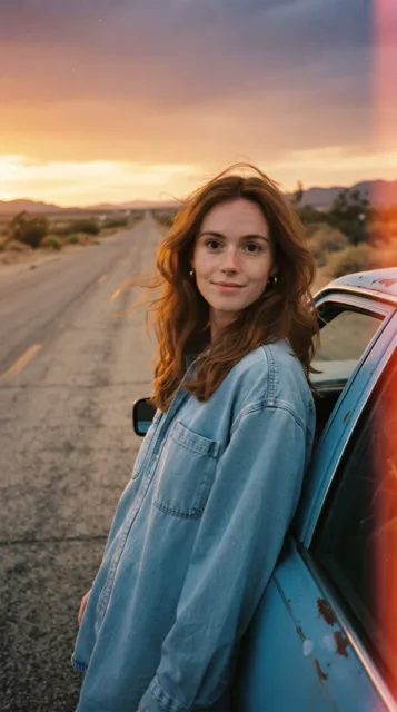 The same woman as a 1990s film style AI photo for a TikTok trend: leaning on an old rusty light blue car on an empty desert road at sunset, wind in her hair, warm faded colours and an orange light leak on the right edge.