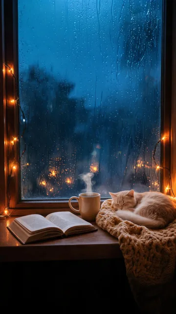 A vertical AI image for a TikTok slideshow: a rainy window at night with warm string lights, a steaming mug and an open book on the sill and a cream cat asleep on a knitted blanket, dark sky in the upper part of the frame.