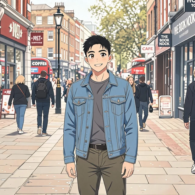 The same man redrawn as a modern anime illustration: cel shading, clean linework, large expressive eyes, the denim jacket and pose kept from the photo.