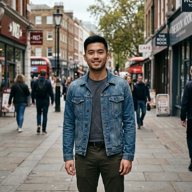 A photorealistic daylight photo of a young man with short black hair in a denim jacket standing on a city sidewalk, looking at the camera.
