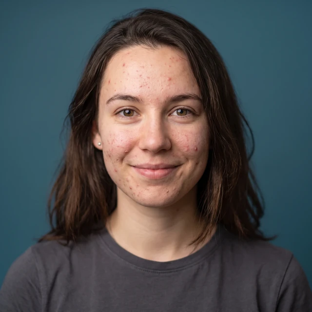 The same woman as a clean profile picture: shoulders-up crop, soft studio lighting, plain deep teal background, a grey t-shirt, her face and skin unchanged from the original selfie.
