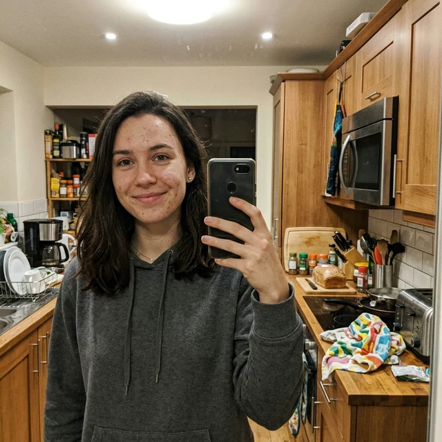 An ordinary phone selfie of a young woman in a grey hoodie standing in a cluttered kitchen under flat overhead light, the kind of snapshot most people have on their phone.