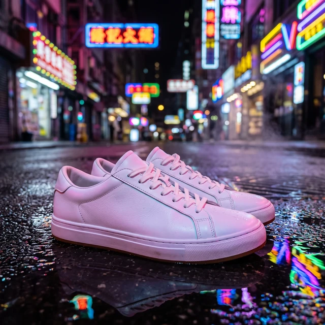 The same white sneakers on a wet neon-lit city street at night, picking up pink and blue light from the signs, with coloured reflections in the puddles around them.