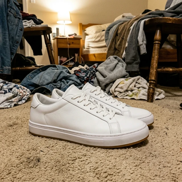 A phone photo of a pair of plain white leather sneakers on a beige bedroom carpet, with piles of laundry, a wooden chair and an unmade bed behind them.