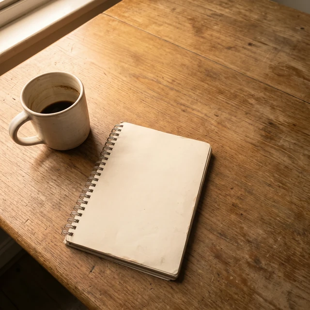 The same table with the cables and the crumpled paper bag gone, the mug and the notepad still in their places, now lit by warm afternoon window light.