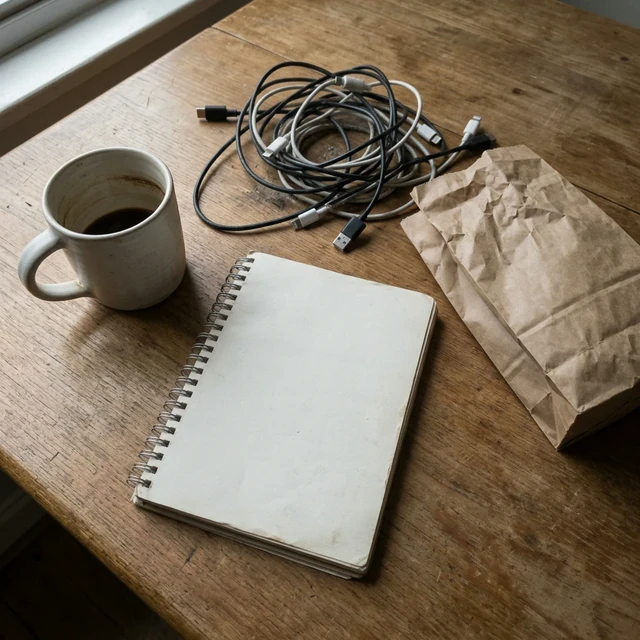 A plain phone photo of a wooden table by a window: a white ceramic mug of coffee, a closed spiral notepad, a tangle of charging cables and a crumpled brown paper bag.