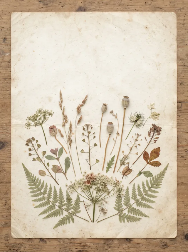 Pressed wildflowers and ferns on aged parchment in muted sage, dusty rose and straw tones