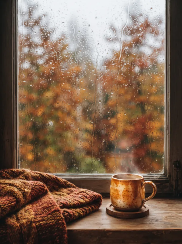 Cozy autumn phone wallpaper with a rainy window, knitted blanket and a steaming mug in warm rust tones