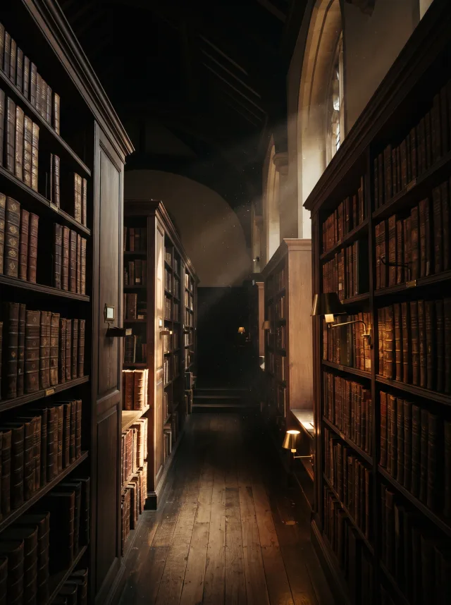 Dim library aisle with leather-bound books, brass lamplight and dust motes in deep brown and gold tones