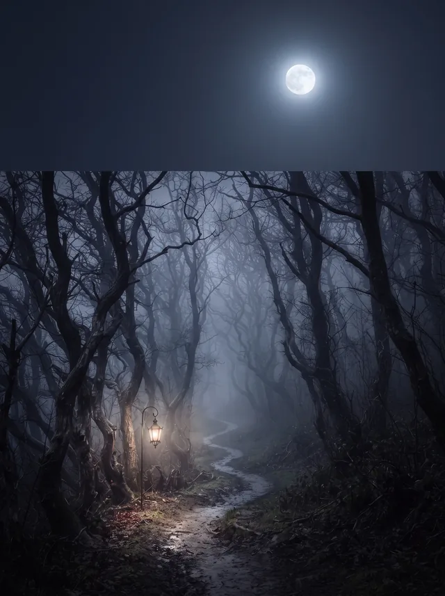 Foggy moonlit lane with bare trees and a glowing lantern under a full moon in indigo and silver tones